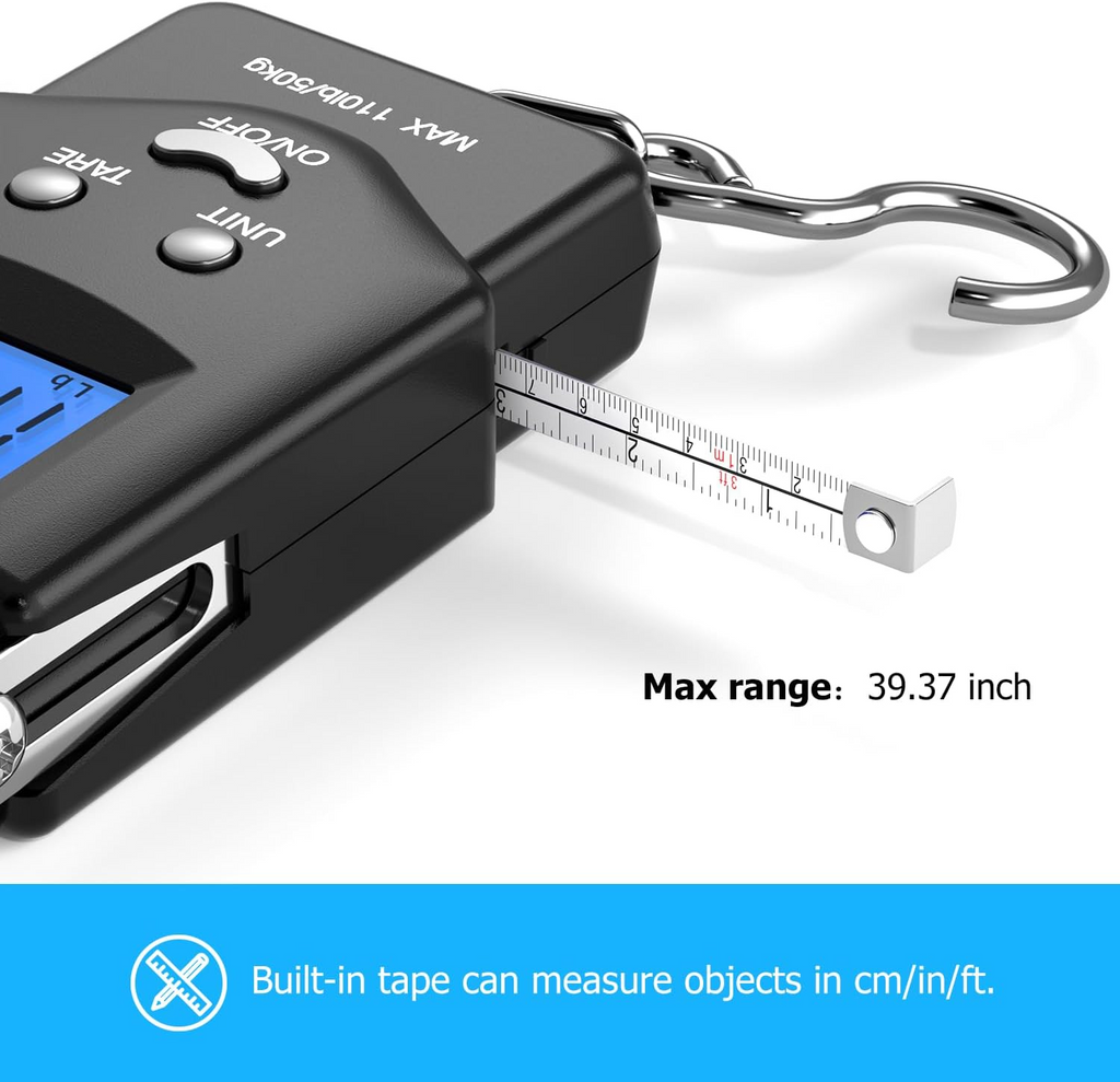 Portable Hanging Scale with Built-in Tape Measure and Blue Backlit Display, 110lb Capacity