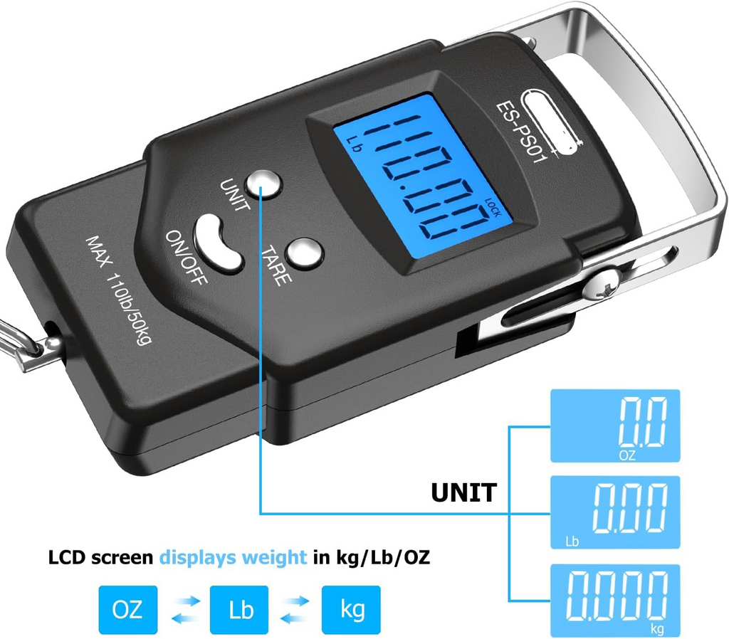 Portable Hanging Scale with Built-in Tape Measure and Blue Backlit Display, 110lb Capacity