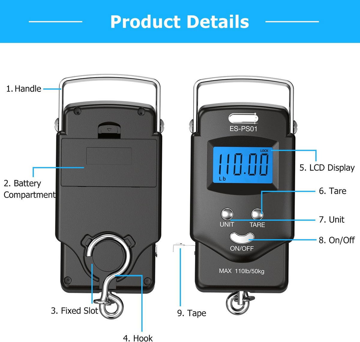 Portable Hanging Scale with Built-in Tape Measure and Blue Backlit Display, 110lb Capacity