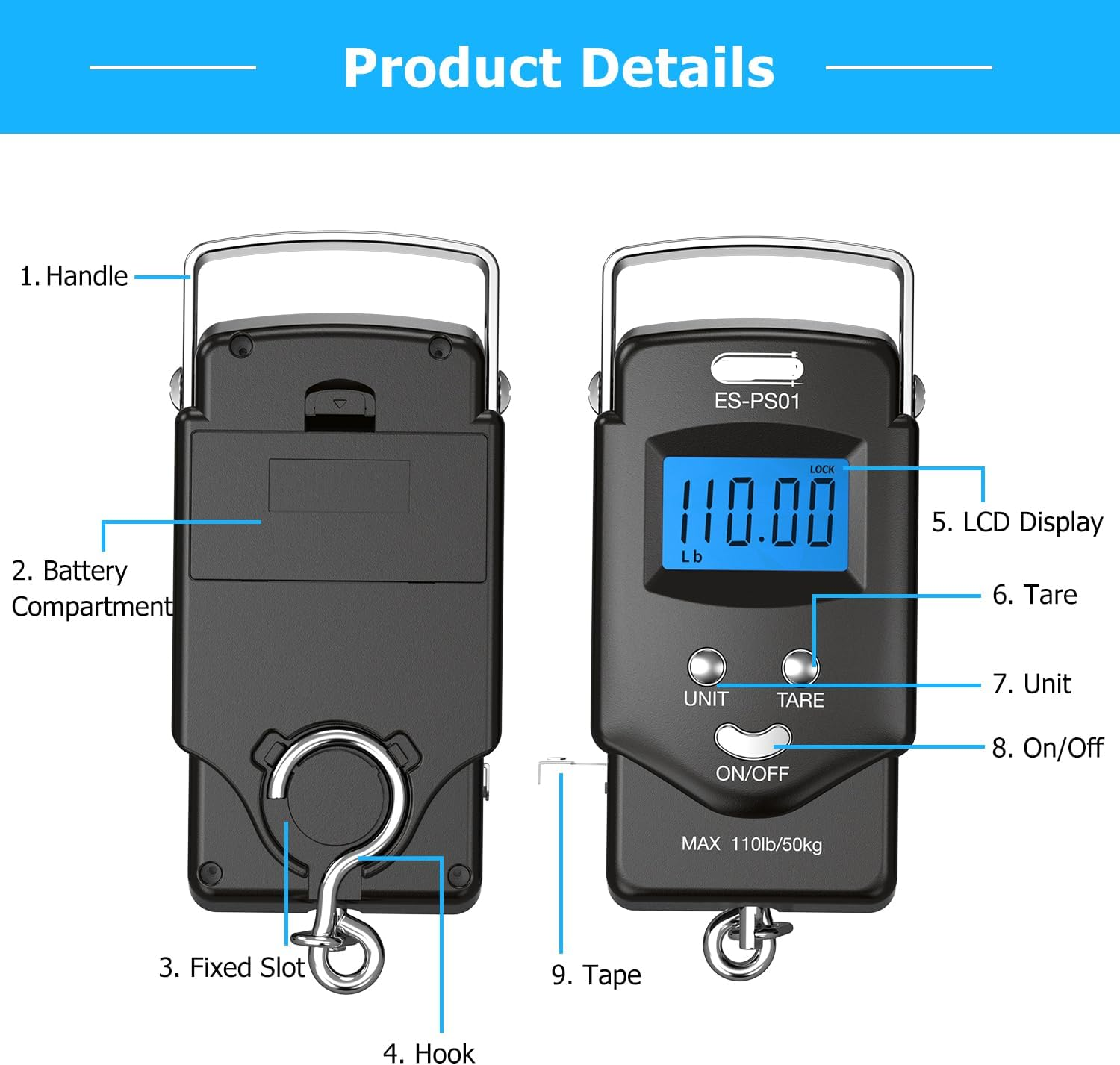 Portable Hanging Scale with Built-in Tape Measure and Blue Backlit Display, 110lb Capacity