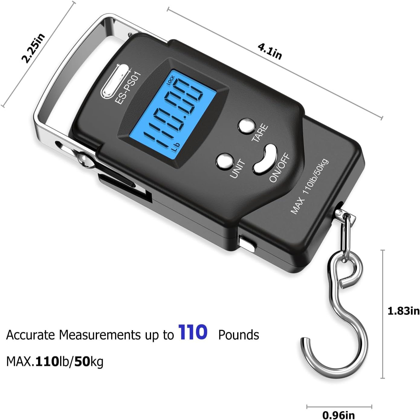 Portable Hanging Scale with Built-in Tape Measure and Blue Backlit Display, 110lb Capacity