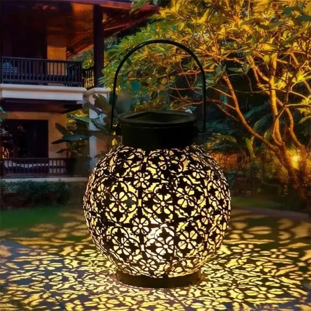 Solar LED Lantern - Wrought Iron Hollow Design for Outdoor Decor