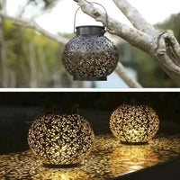 Solar LED Lantern - Wrought Iron Hollow Design for Outdoor Decor