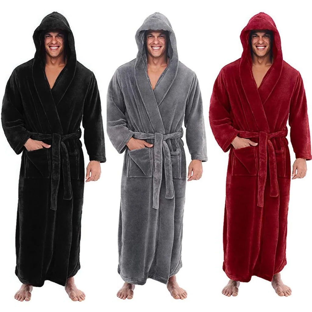 Mens Hooded Bathrobe with Pockets, Plush Fleece Material