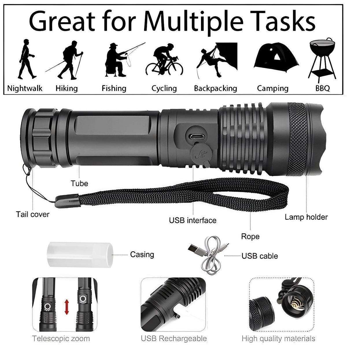 Rechargeable LED Flashlight with Multiple Brightness Modes