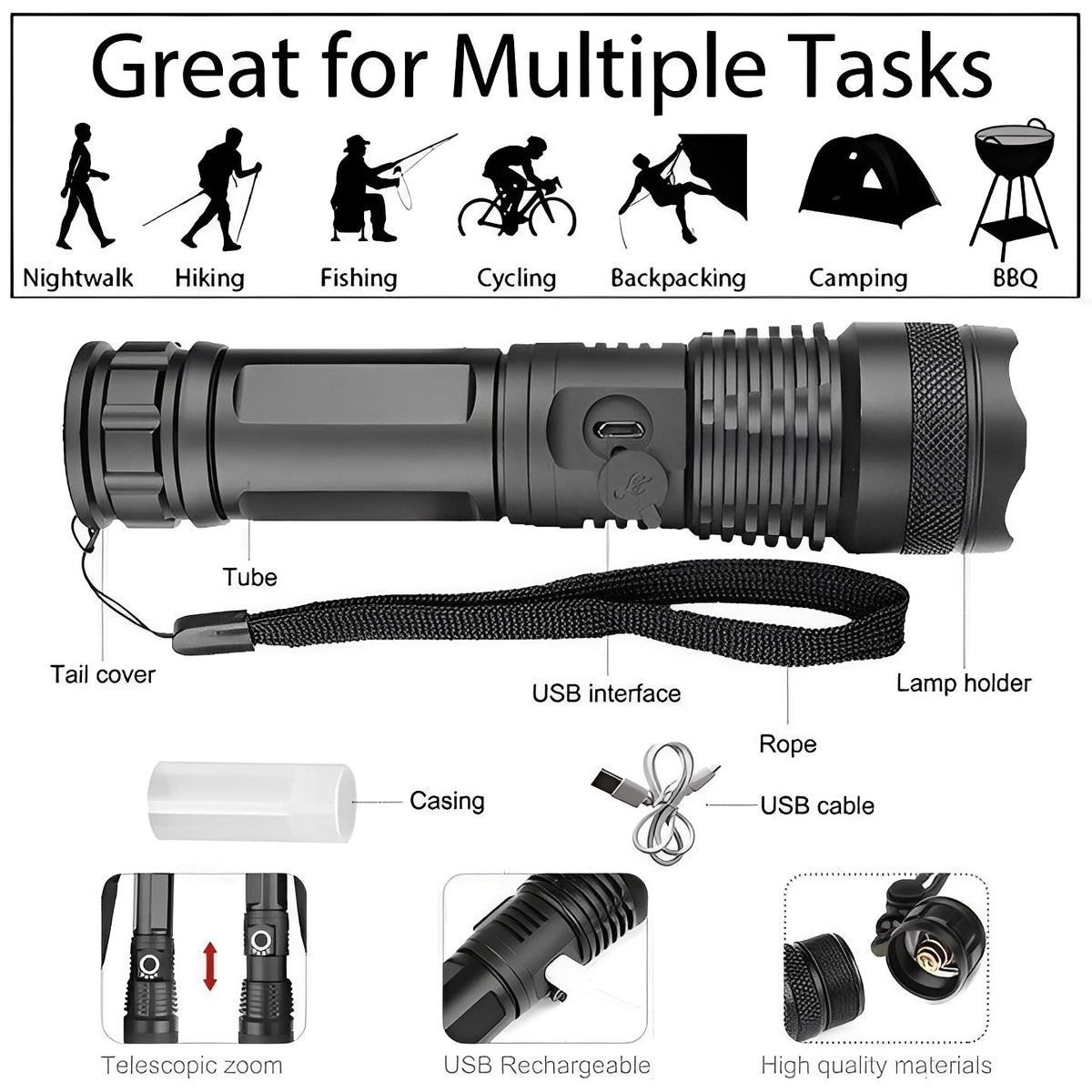 Rechargeable Flashlight with Adjustable Zoom Beam