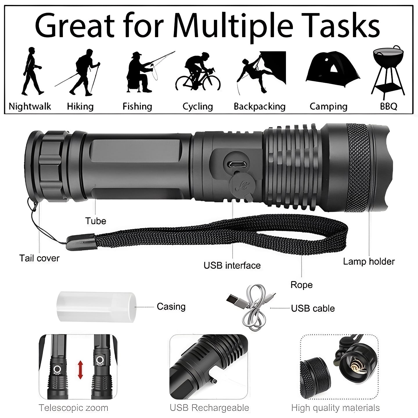 Rechargeable Flashlight with Adjustable Zoom Beam
