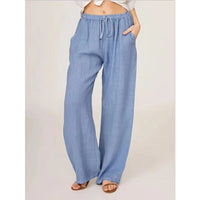 Cotton Linen Wide Leg Trousers with Elastic Waist and Pockets for Women