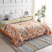 Cotton Floral Throw Blanket with Boho Fringe Design