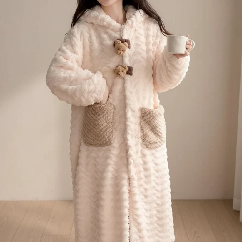 Hooded Long Sleeve Bathrobe for Women, Winter Lounge Wear