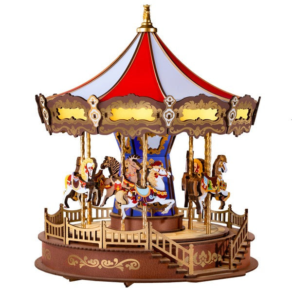 3D Wooden Carousel Music Box with Light, Moveable Puzzle Design