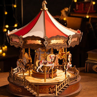 3D Wooden Carousel Music Box with Light, Moveable Puzzle Design