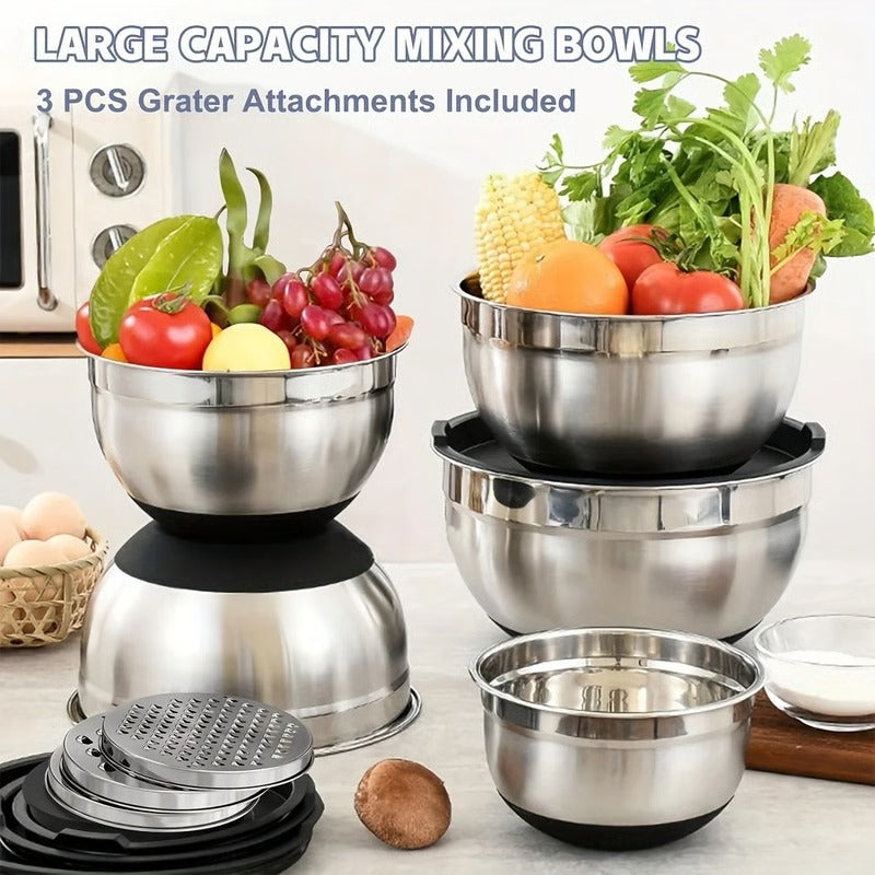 Stainless Steel Mixing Bowl Collection with Airtight Covers and Grip Bottom, Set of 8