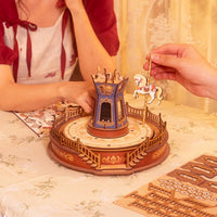 3D Wooden Carousel Music Box with Light, Moveable Puzzle Design