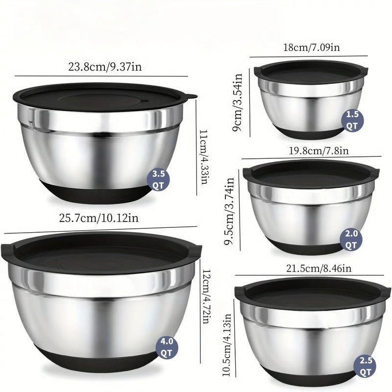 Stainless Steel Mixing Bowl Collection with Airtight Covers and Grip Bottom, Set of 8