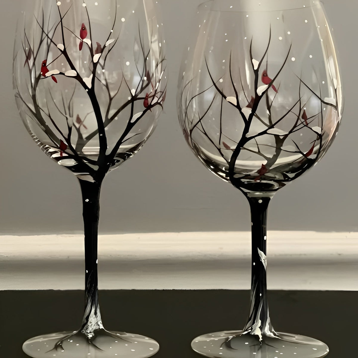 Painted Wine Glass with Four Seasons Tree Design, 12 oz