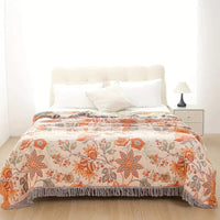 Cotton Floral Throw Blanket with Boho Fringe Design