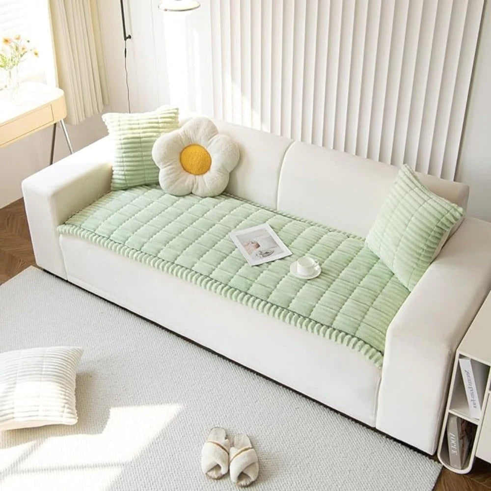Plush Sofa Cover with Pleated Edges for Furniture Protection Support