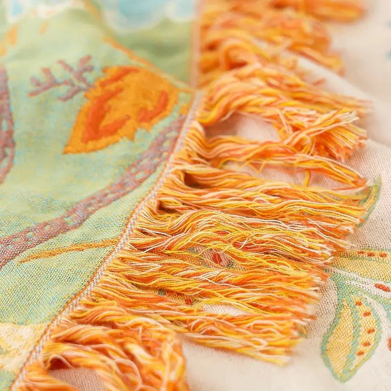 Cotton Floral Throw Blanket with Boho Fringe Design