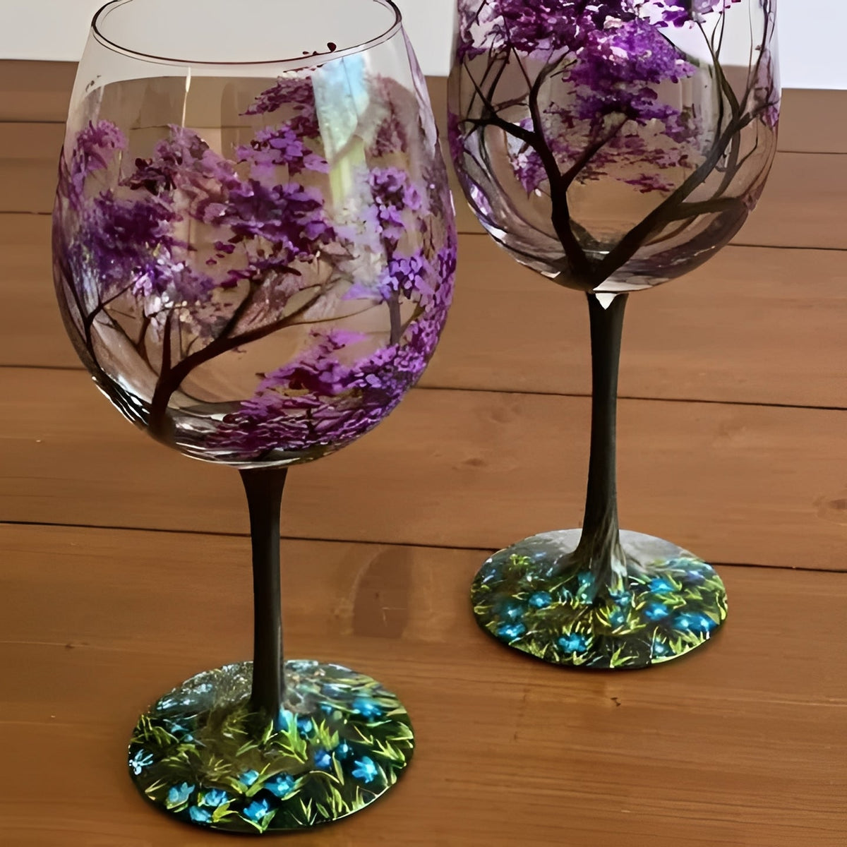 Painted Wine Glass with Four Seasons Tree Design, 12 oz