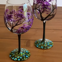 Painted Wine Glass with Four Seasons Tree Design, 12 oz