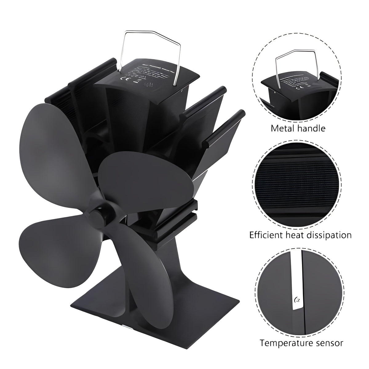 Fireplace Fan with Heat Powered Operation for Heat Distribution Support