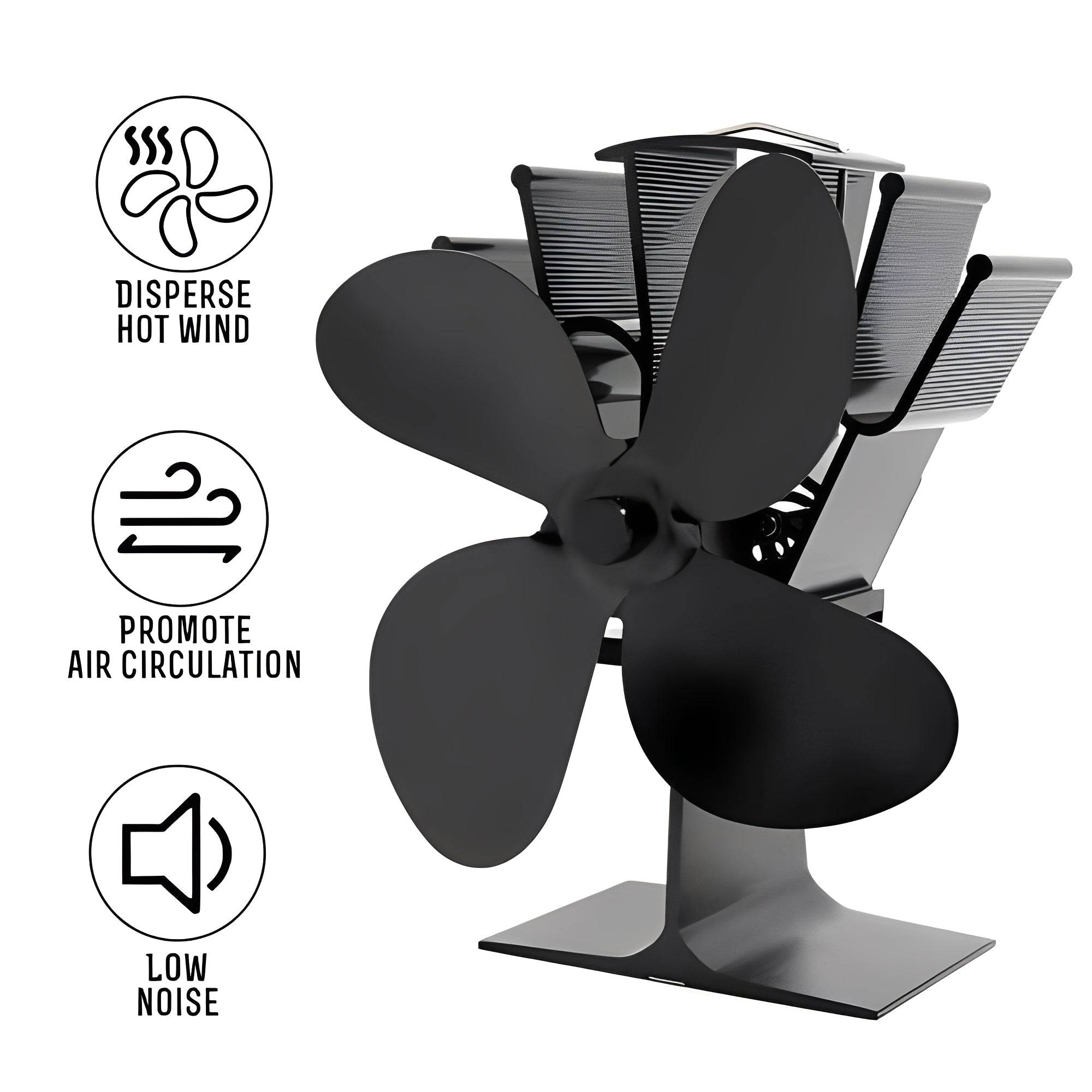 Fireplace Fan with Heat Powered Operation for Heat Distribution Support