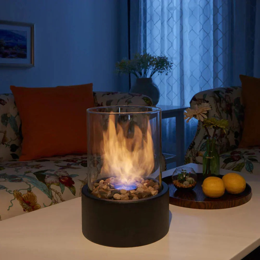 Portable Tabletop Fireplace with Glass and Metal Design for Indoor Use