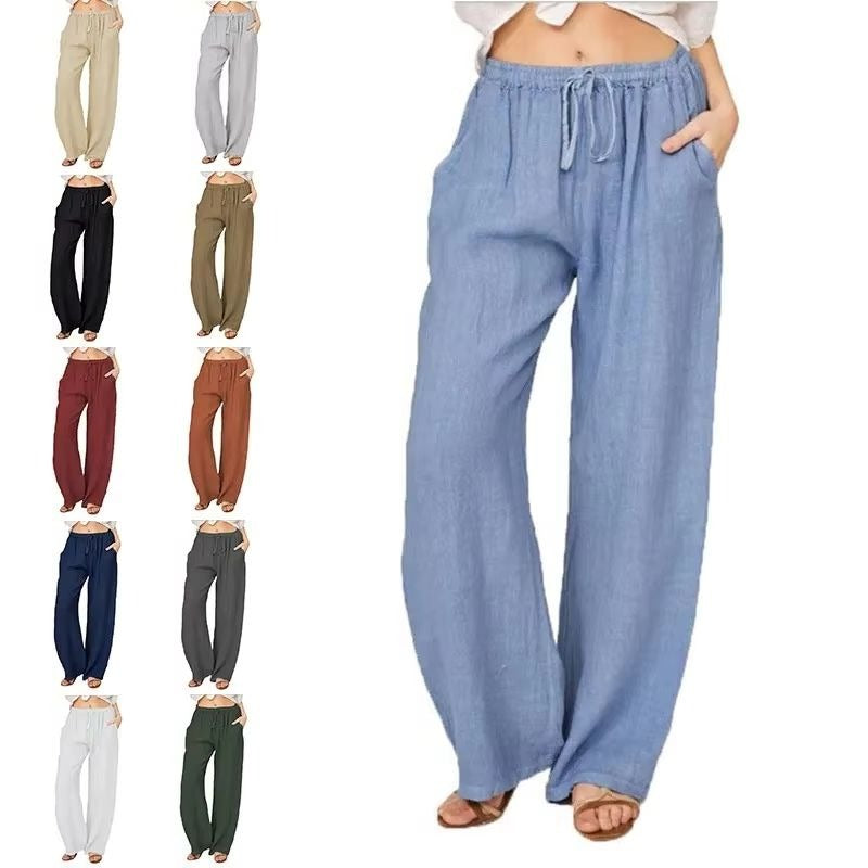 Cotton Linen Wide Leg Trousers with Elastic Waist and Pockets for Women