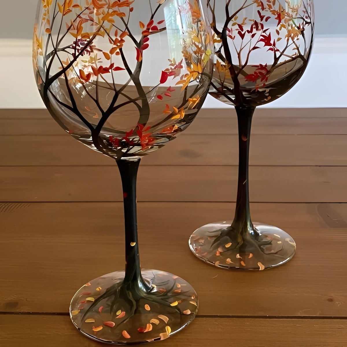 Painted Wine Glass with Four Seasons Tree Design, 12 oz