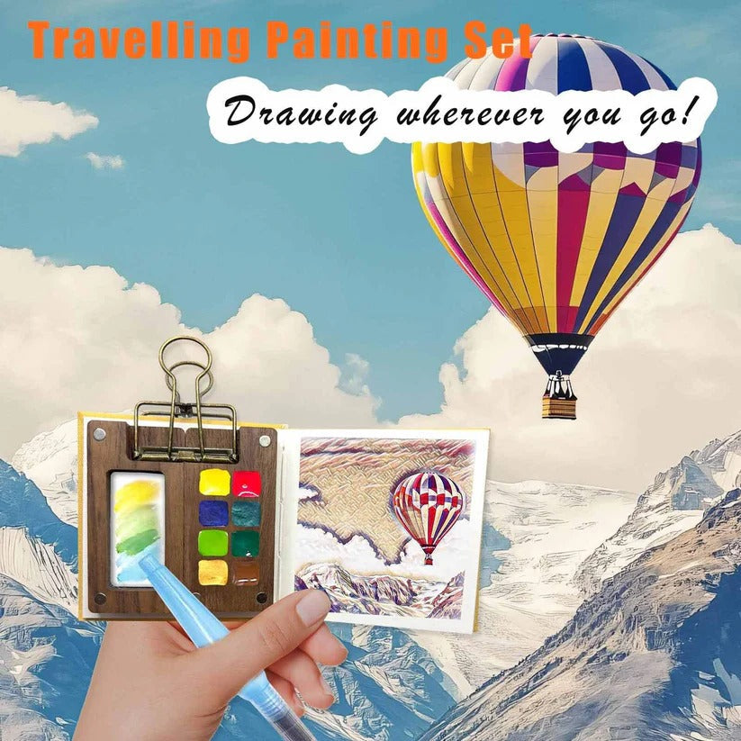 Portable Travel Watercolor Set with Mini Palette, Brush and Sketchbook