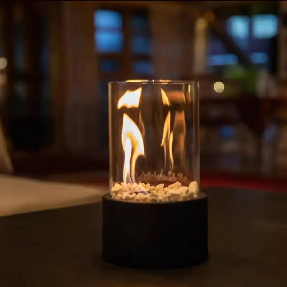 Portable Tabletop Fireplace with Glass and Metal Design for Indoor Use