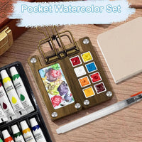 Portable Travel Watercolor Set with Mini Palette, Brush and Sketchbook