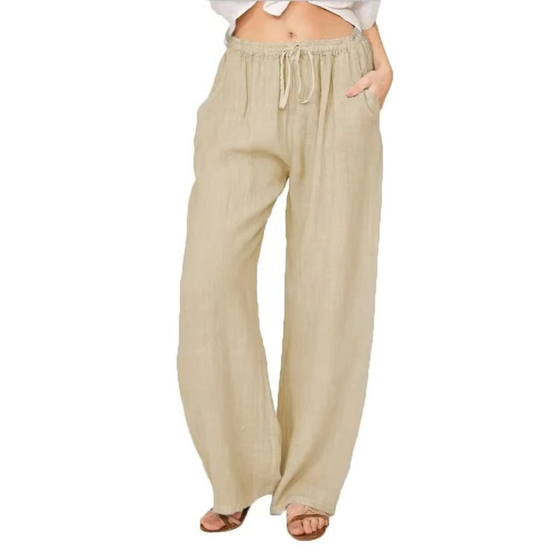Cotton Linen Wide Leg Trousers with Elastic Waist and Pockets for Women