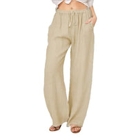 Cotton Linen Wide Leg Trousers with Elastic Waist and Pockets for Women
