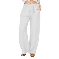 Cotton Linen Wide Leg Trousers with Elastic Waist and Pockets for Women