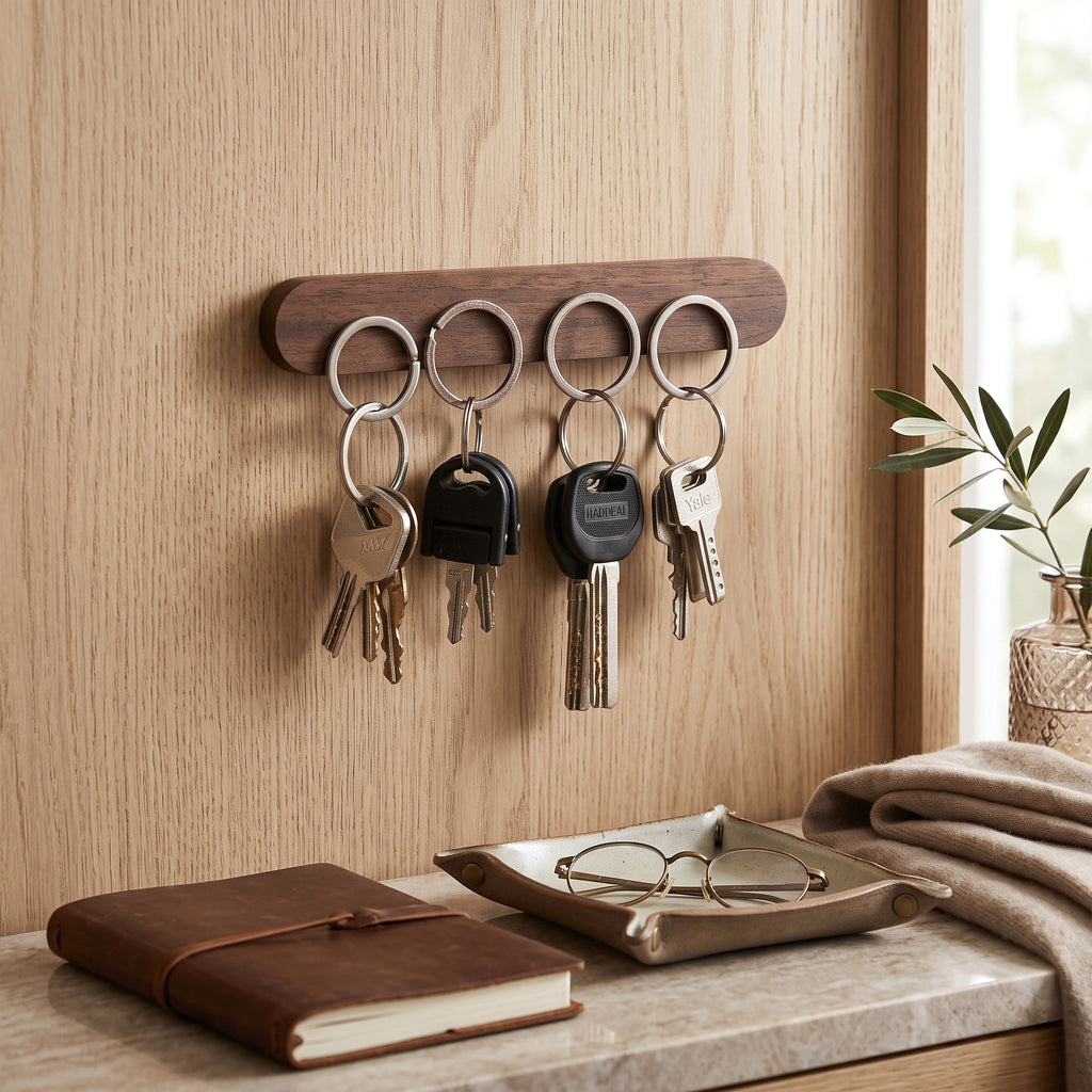 Wooden Oval Key Holder with Magnetic Backing and Adhesive Wall Mount
