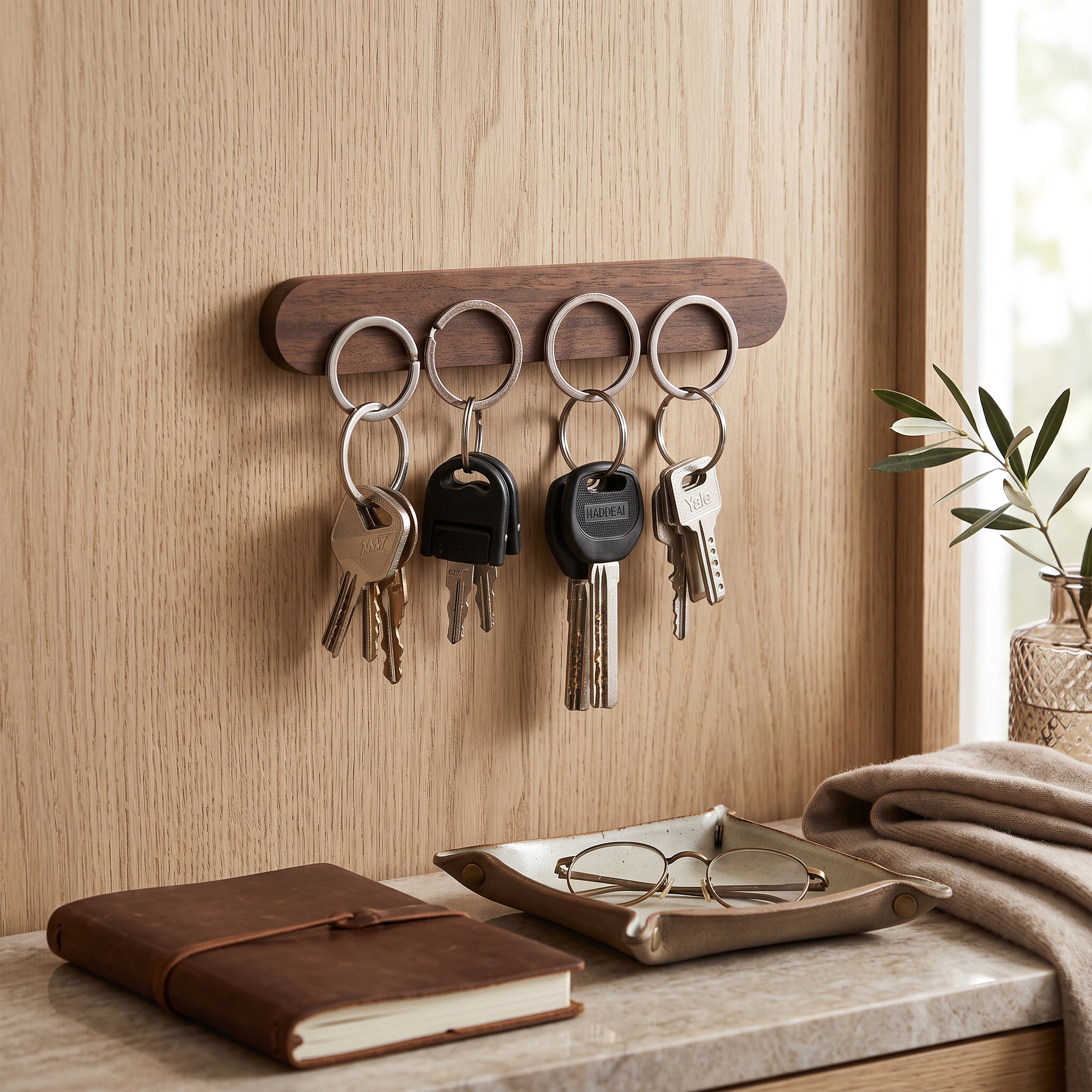 Wooden Oval Key Holder with Magnetic Backing and Adhesive Wall Mount