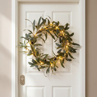 Artificial Olive Leaf Wreath with Warm Fairy Lights for Door Decor