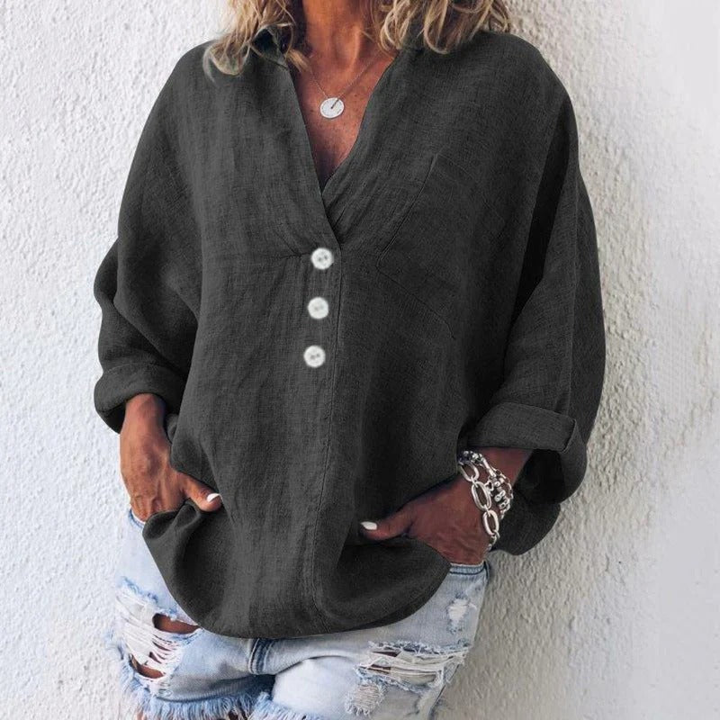 Linen Blend Button Down Blouse with Long Sleeves for Women