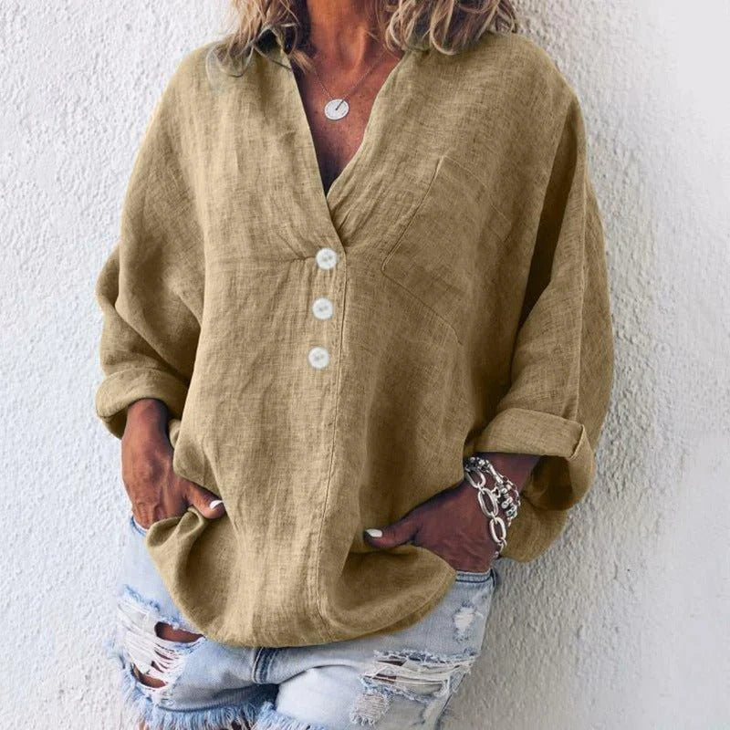 Linen Blend Button Down Blouse with Long Sleeves for Women