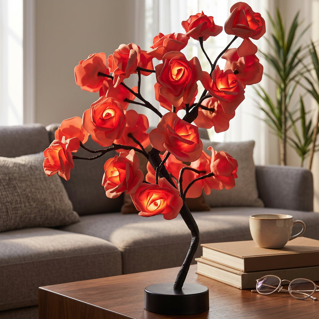 Rose Shaped Acrylic Lamp with LED Light and Metal Base, Four Color Options