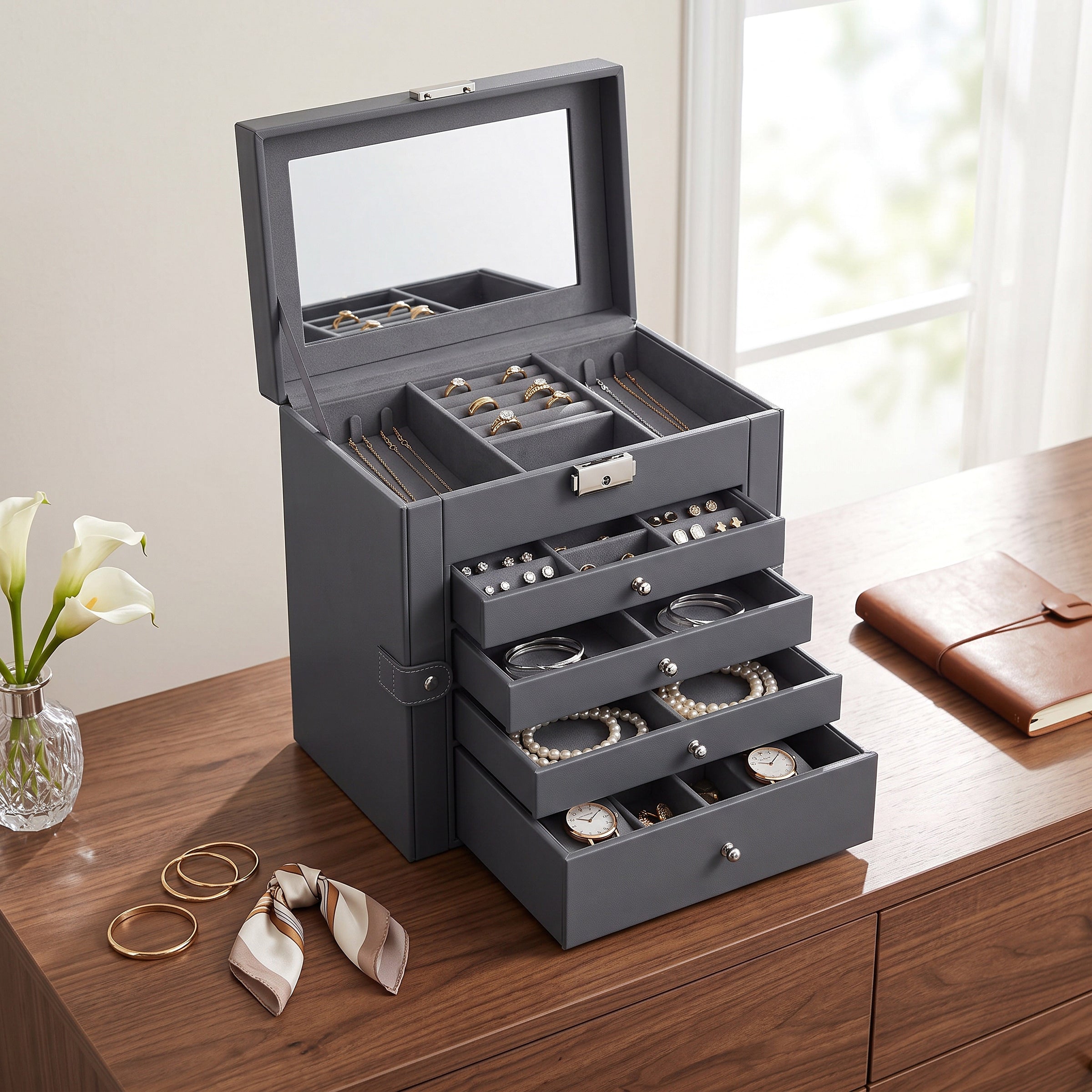 Jewelry Organizer with Six Stacked Tiers and Built-In Mirror, Locking Box