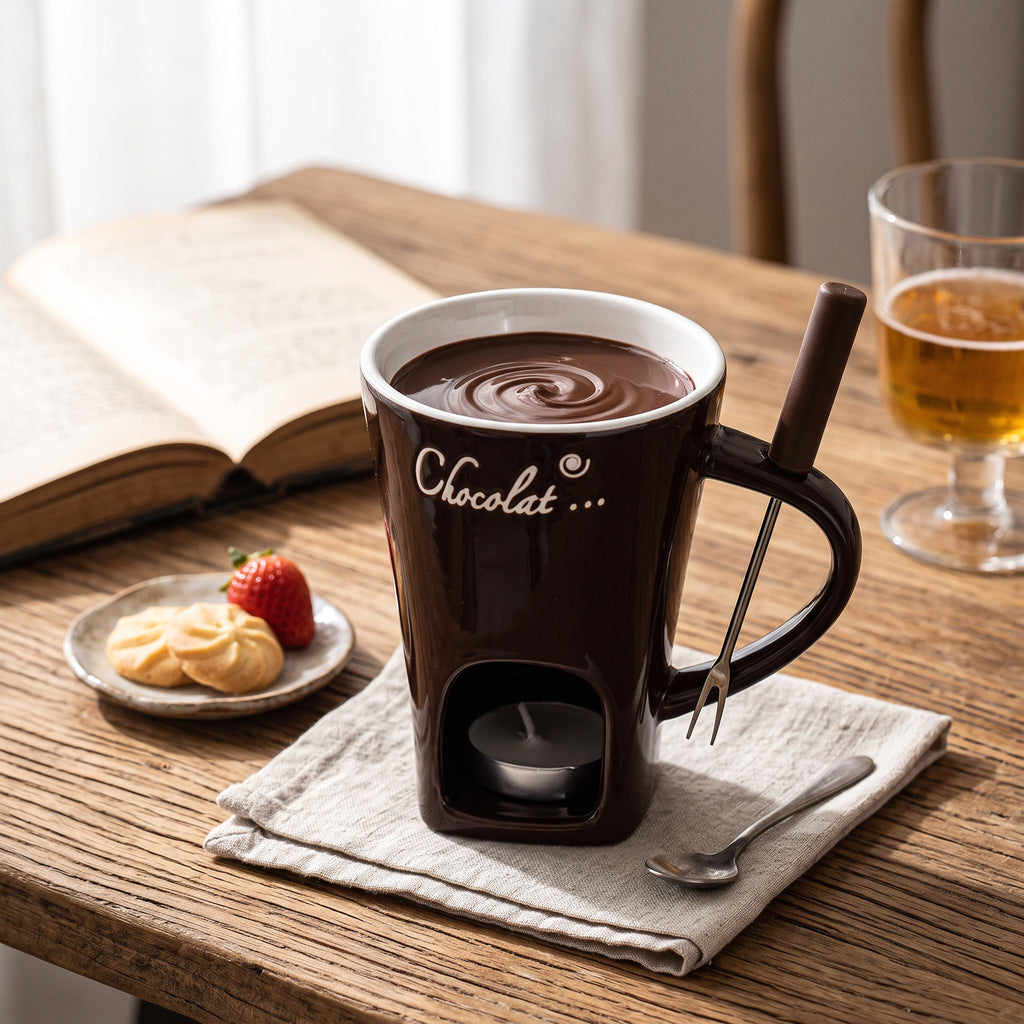 Ceramic Fondue Cup with Stainless Steel Fork and Wax Candle