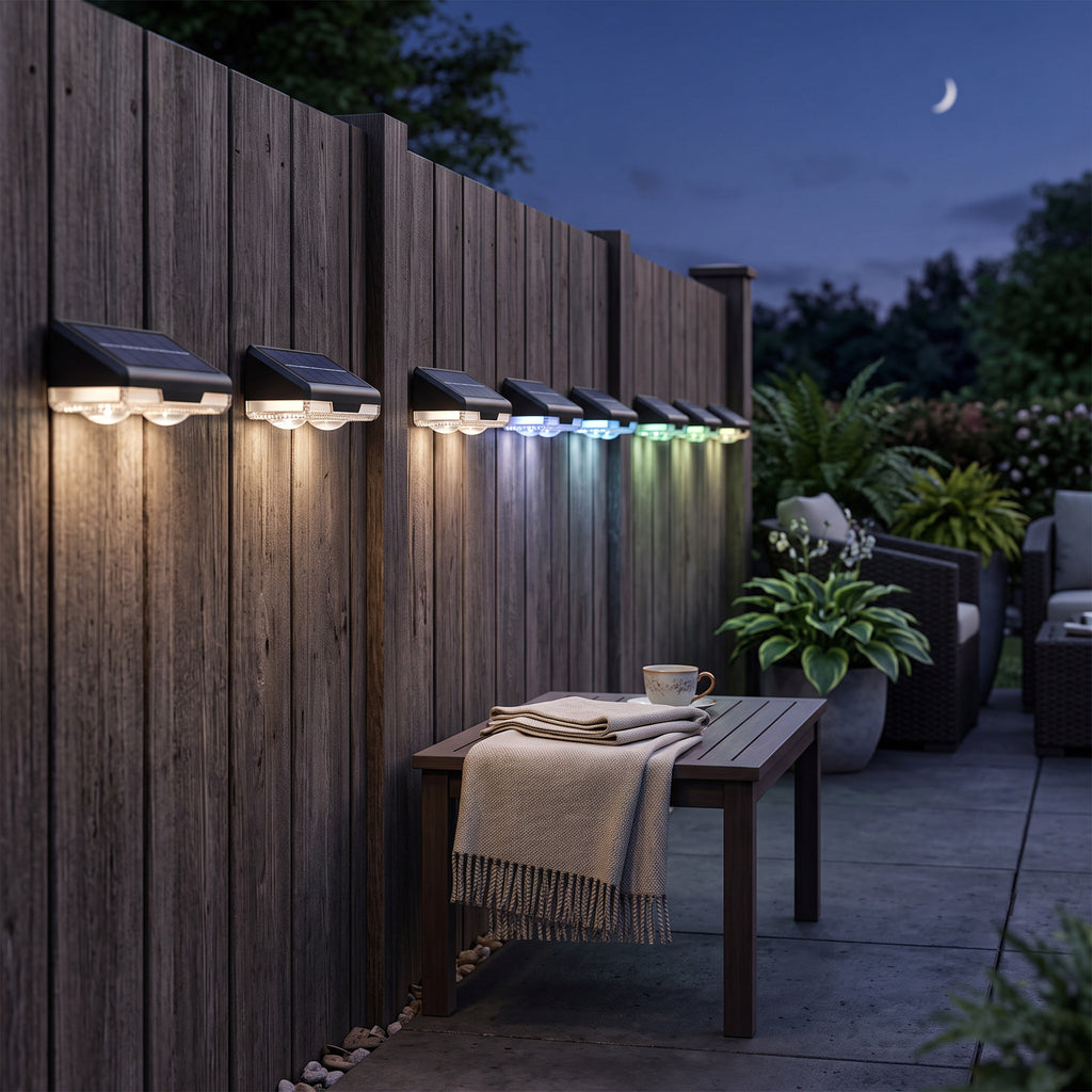 Multicolor Solar Fence Lights with Auto Dusk Sensor and Push Button Control, 8-Pack