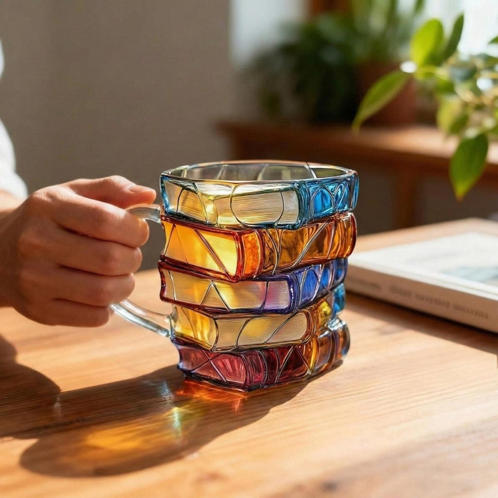 Stacked Book Glass Mug with Colored Spine Design and Fused Handle