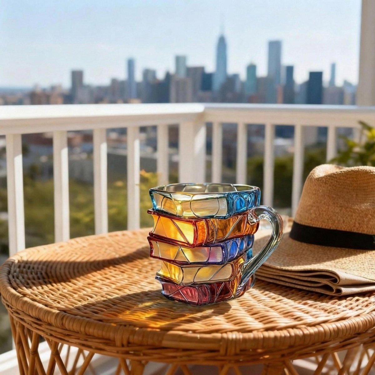 Stacked Book Glass Mug with Colored Spine Design and Fused Handle