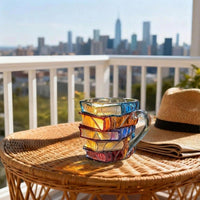 Stacked Book Glass Mug with Colored Spine Design and Fused Handle