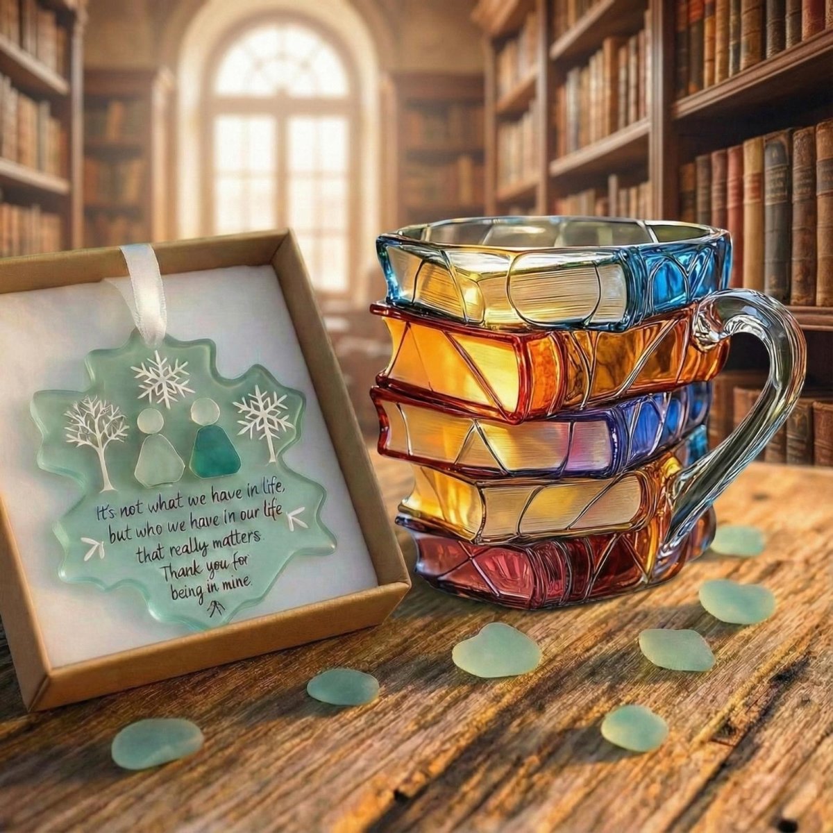 Stacked Book Glass Mug with Colored Spine Design and Fused Handle
