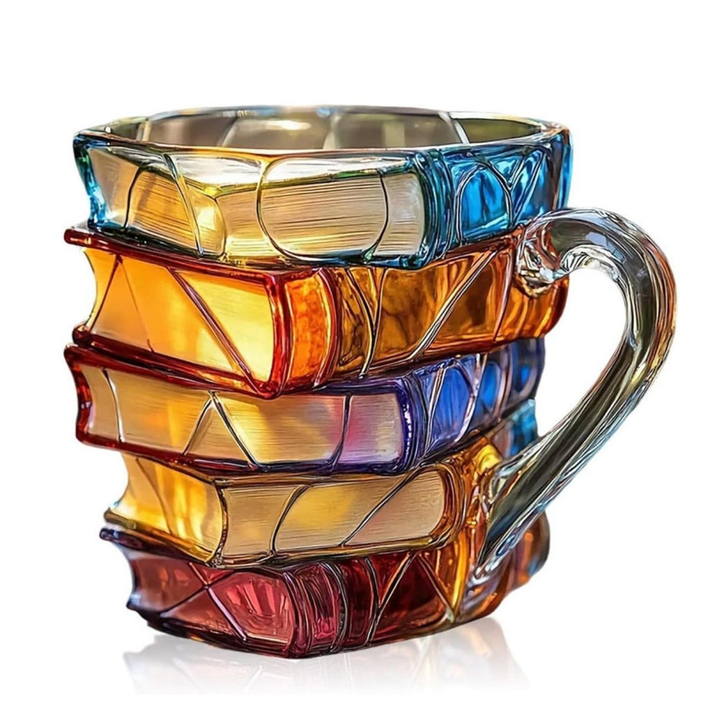 Stacked Book Glass Mug with Colored Spine Design and Fused Handle